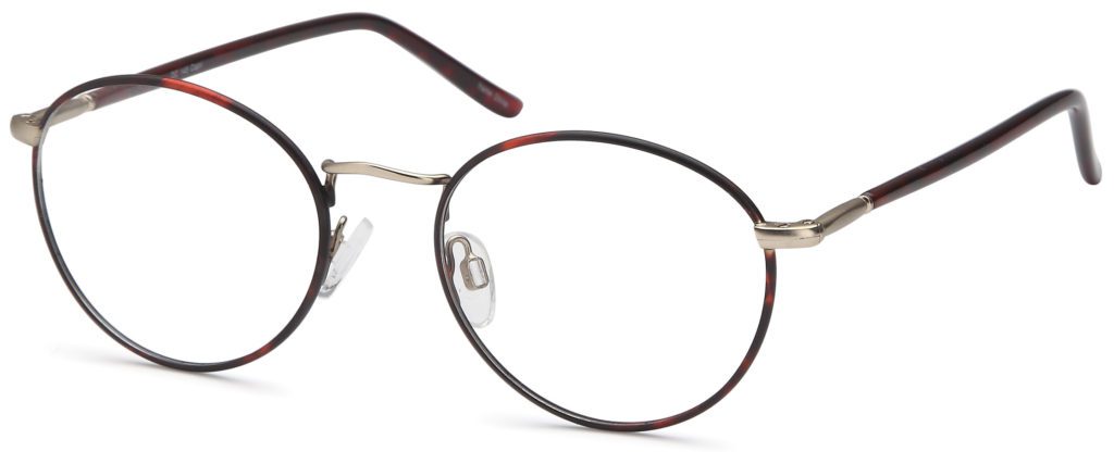 Round metal-framed eyeglasses with black rims and adjustable nose pads.