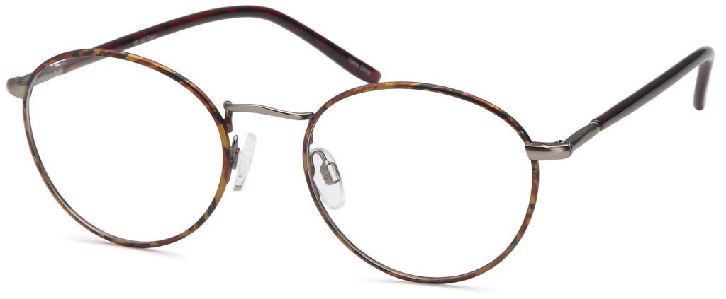 Close-up of stylish round eyeglasses with thin metal frame.