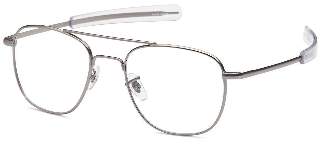 Silver aviator-style eyeglasses with clear lenses and adjustable nose pads.