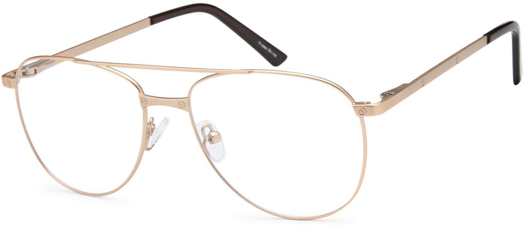 Close-up of stylish gold aviator eyeglasses with black temple tips.