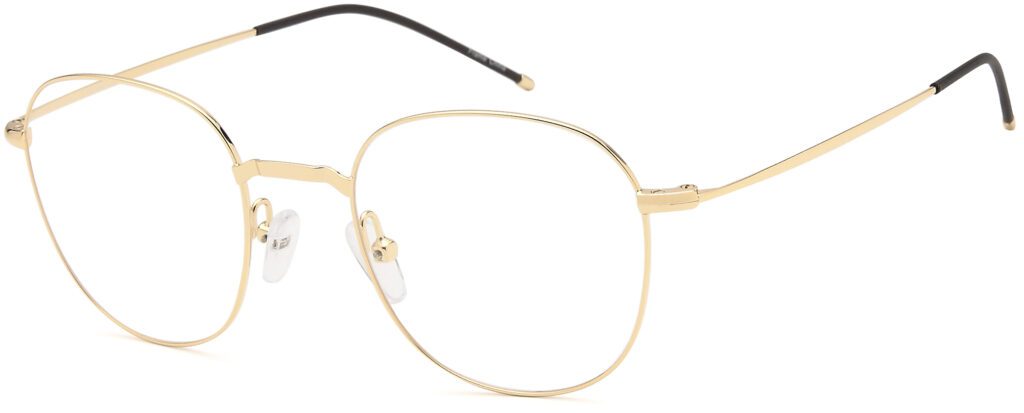 Close-up of gold-rimmed eyeglasses with clear nose pads.