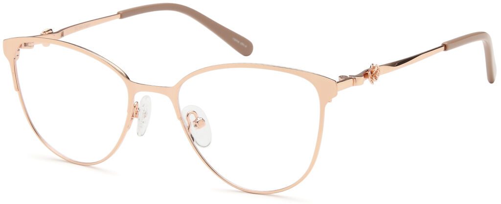 Close-up of stylish rose gold eyeglasses with clear nose pads.