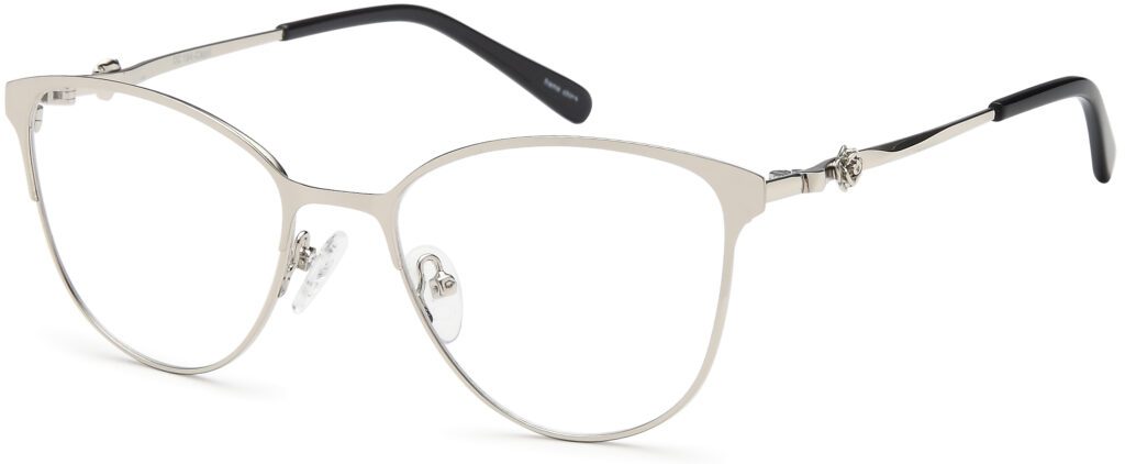 Sleek silver metal eyeglass frame with black temple tips.