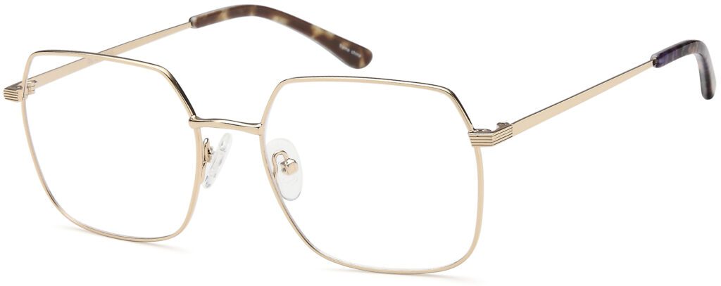 Close-up of stylish gold-rimmed eyeglasses with clear lenses.