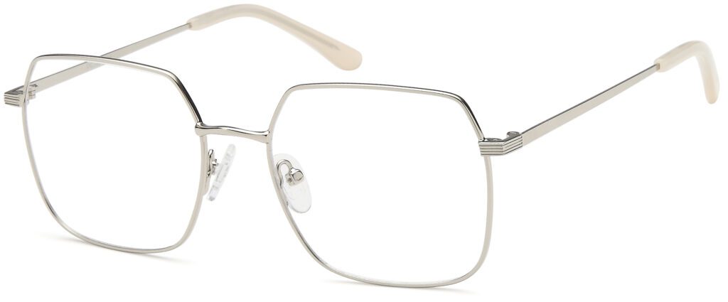 Minimalist silver metal frame eyeglasses with rectangular lenses.