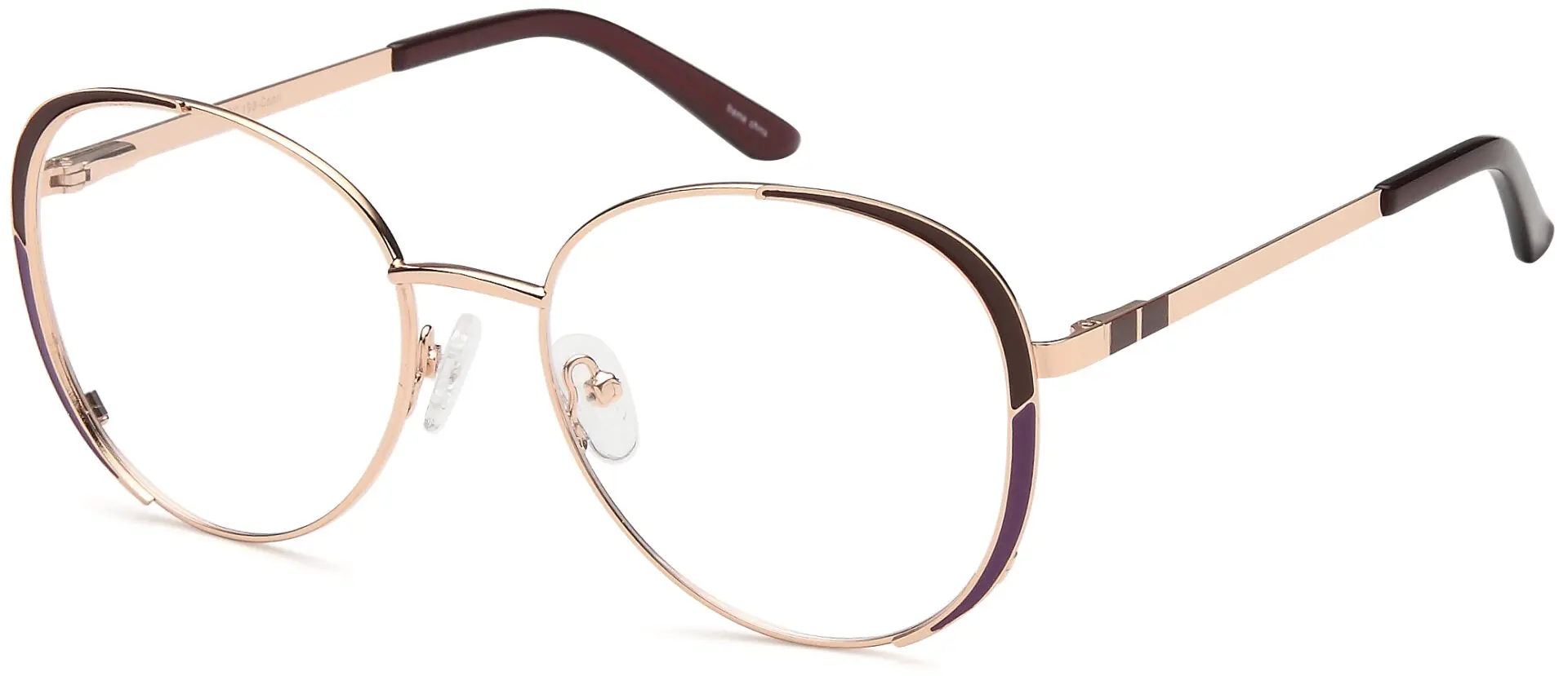 Close-up of stylish, gold-rimmed eyeglasses with transparent lenses.