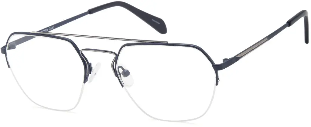 A pair of black metal-framed aviator eyeglasses.