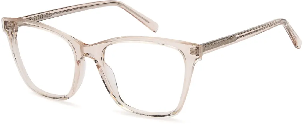 Transparent plastic eyeglass frame with a subtle beige tint.
