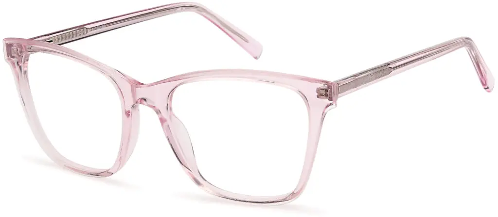 Transparent pink square eyeglasses with a modern frame design.