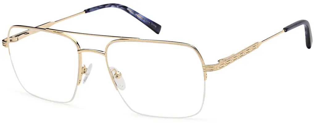 Close-up of gold-rimmed rectangular eyeglasses with clear lenses.