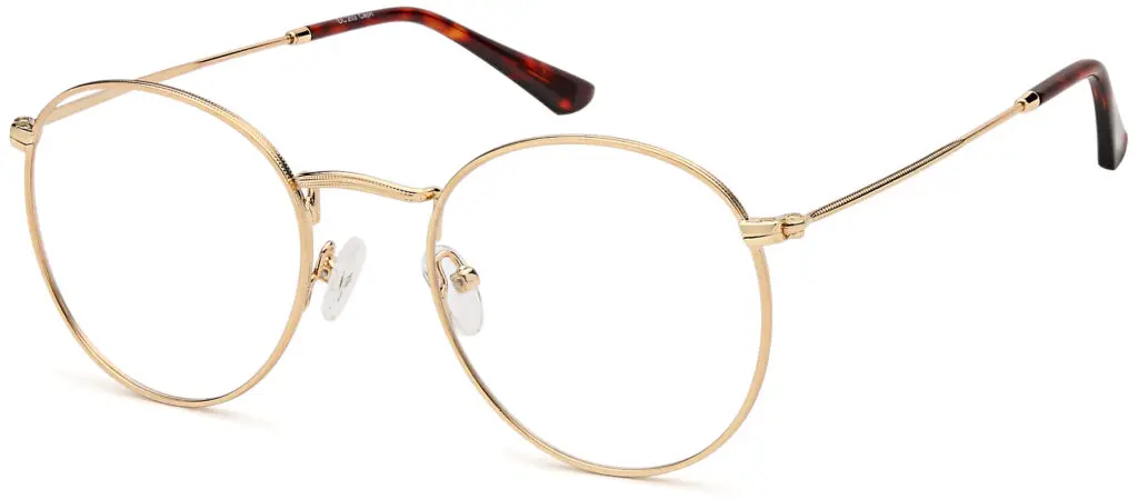 Elegant round gold-rimmed eyeglasses with tortoiseshell temple tips.