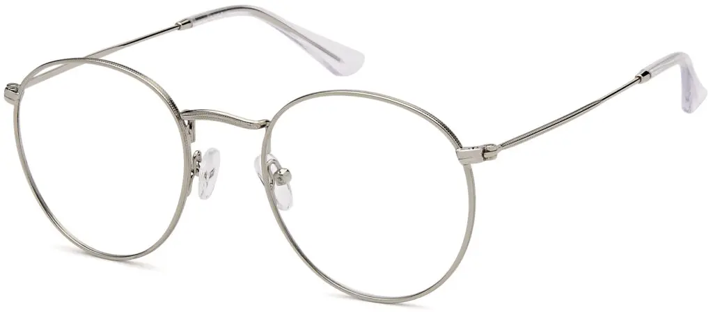 Silver round metal eyeglasses with clear lenses.