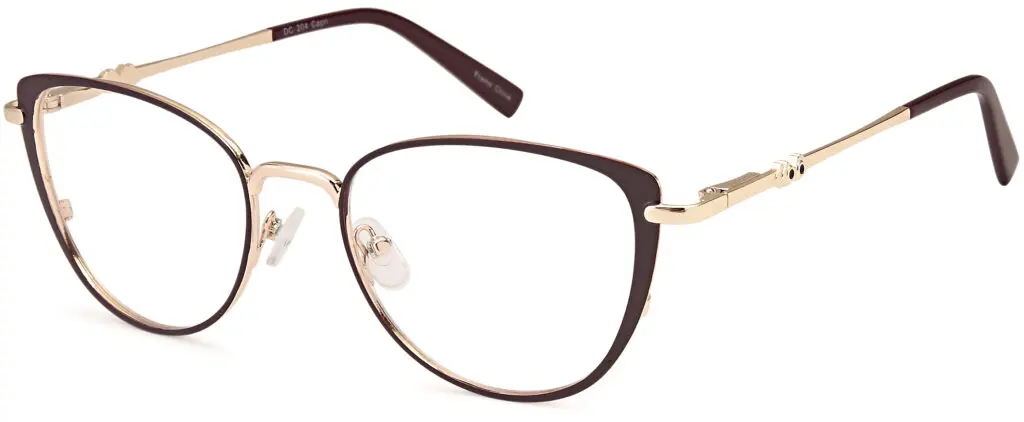 Close-up of stylish black and gold eyeglasses with clear lenses.