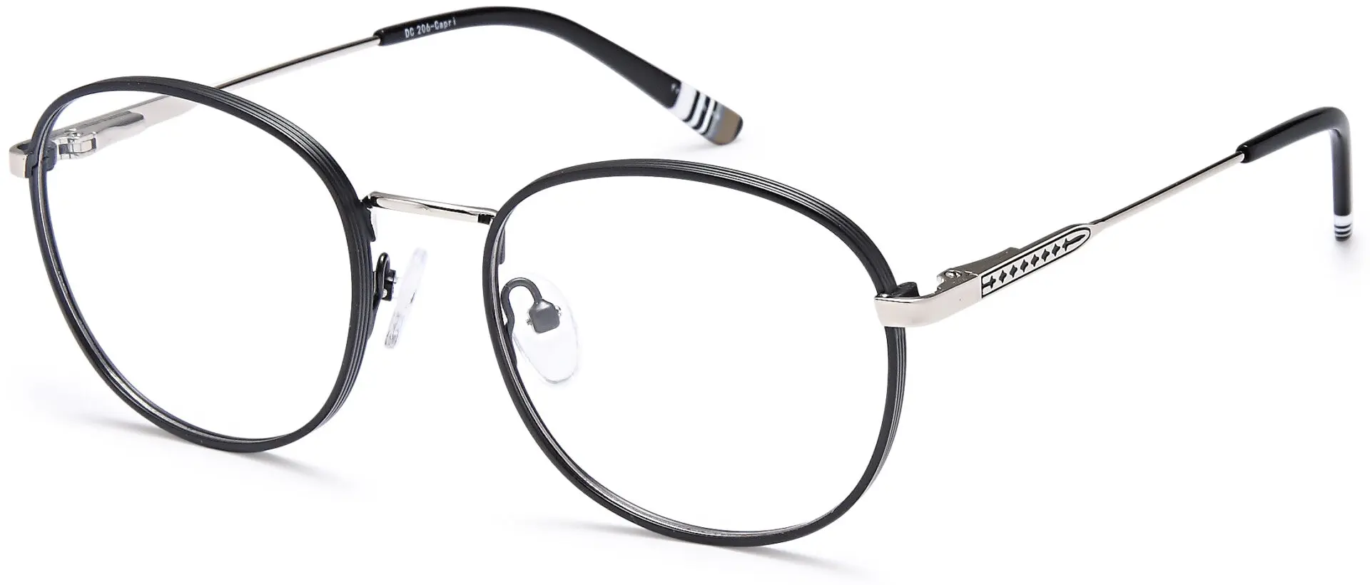 Close-up of stylish eyeglasses with a thin metal frame and adjustable nose pads.