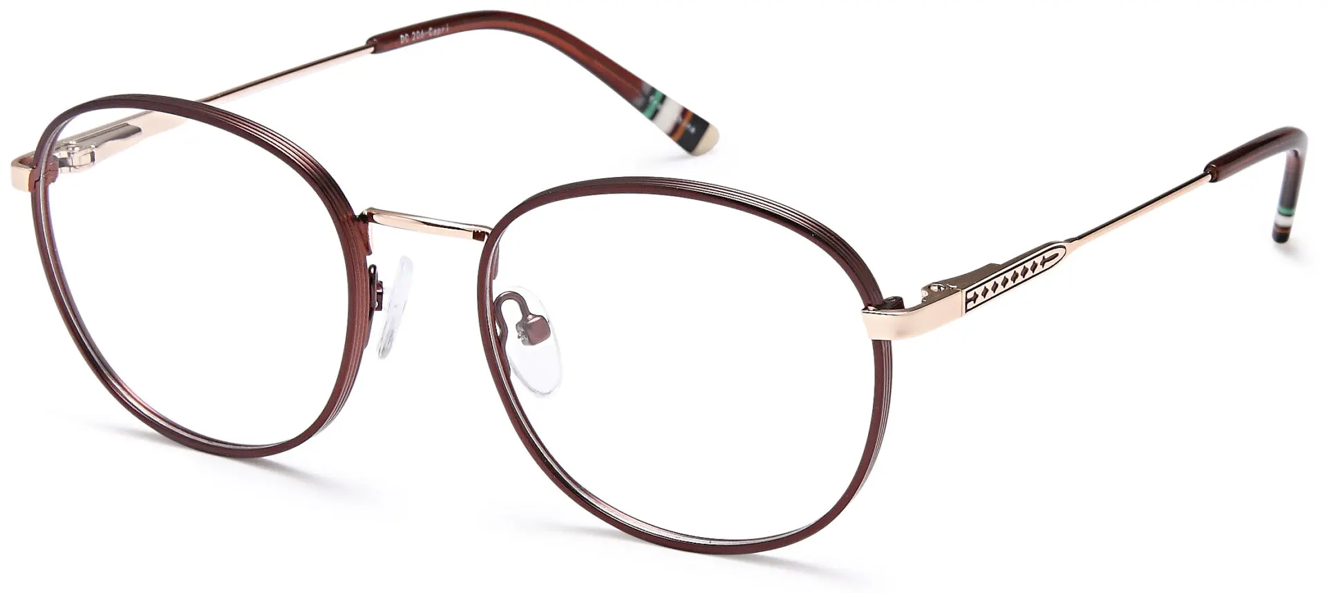 Close-up of round metal eyeglasses with nose pads and brown rims.