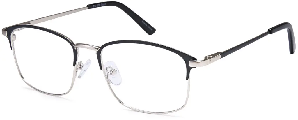Close-up of stylish black and silver eyeglasses with clear lenses.