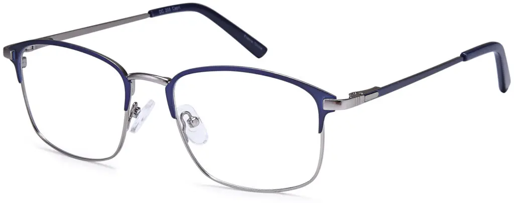 Modern rectangular eyeglasses with blue metal frames and adjustable nose pads.