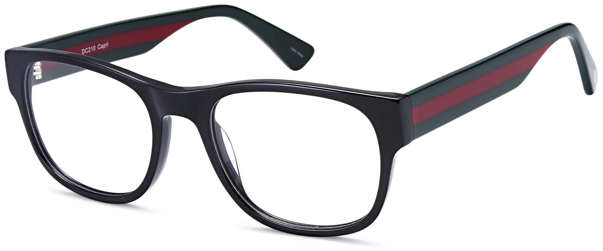 Black rectangular eyeglasses with clear lenses.
