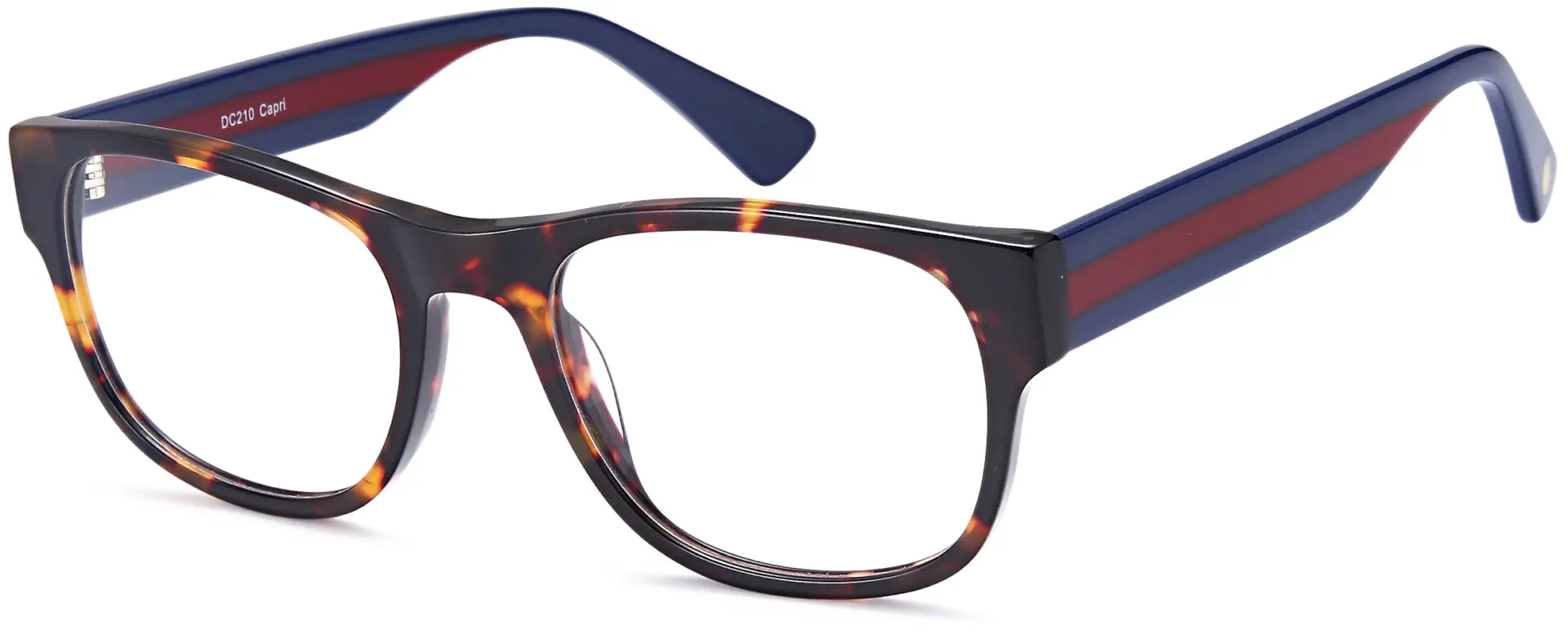 Stylish tortoiseshell eyeglass frame with navy blue arms.