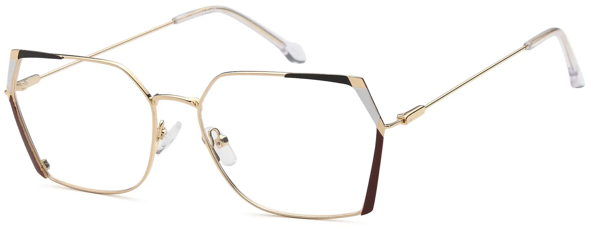 Stylish geometric eyeglasses with gold frames and black and brown accents.