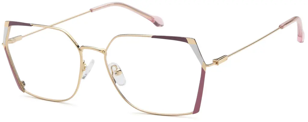 Close-up of stylish gold and purple eyeglass frame.