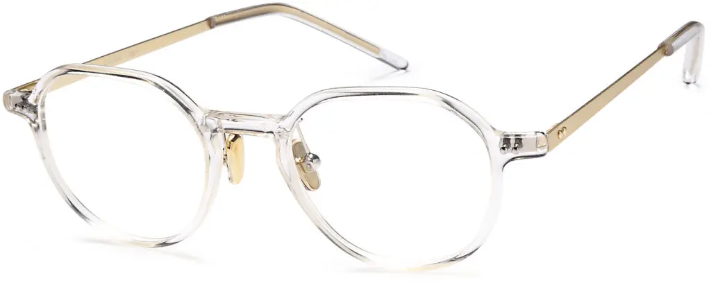 Close-up of transparent eyeglass frame with gold accents.
