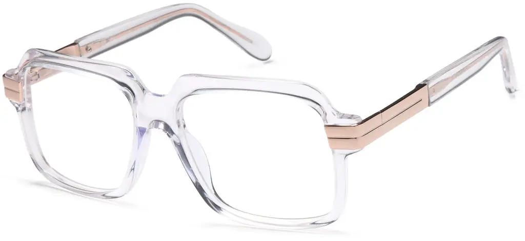 Clear square eyeglasses with beige temples on a white background.