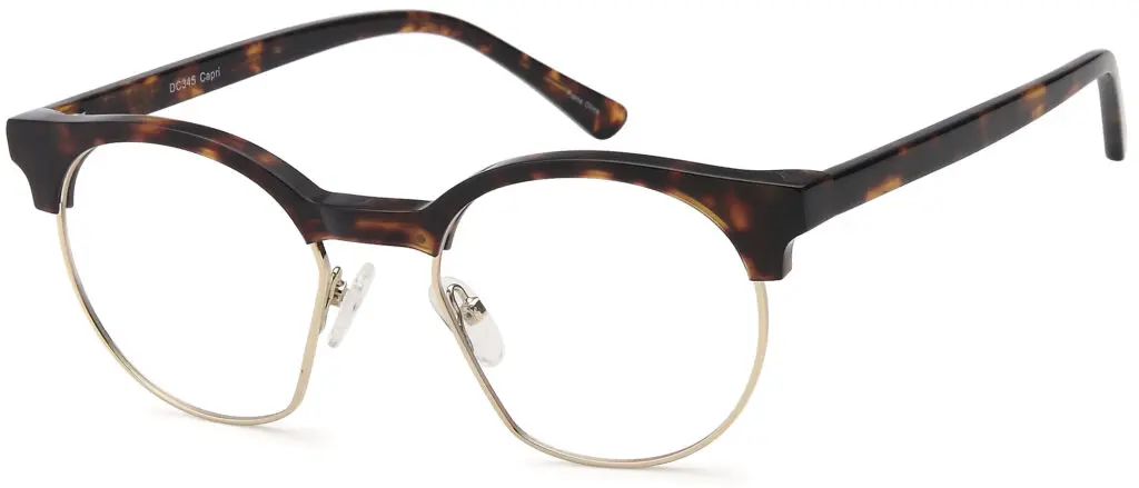 Brown tortoiseshell and gold-rimmed eyeglasses with clear lenses.