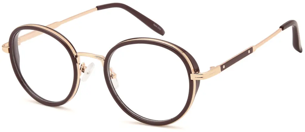 Round eyeglasses with thin gold metal frame and dark rims.