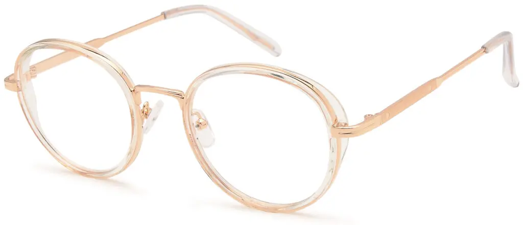Round translucent beige eyeglasses with gold temples.
