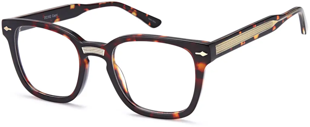 Close-up of stylish tortoiseshell eyeglass frame with metal accents.