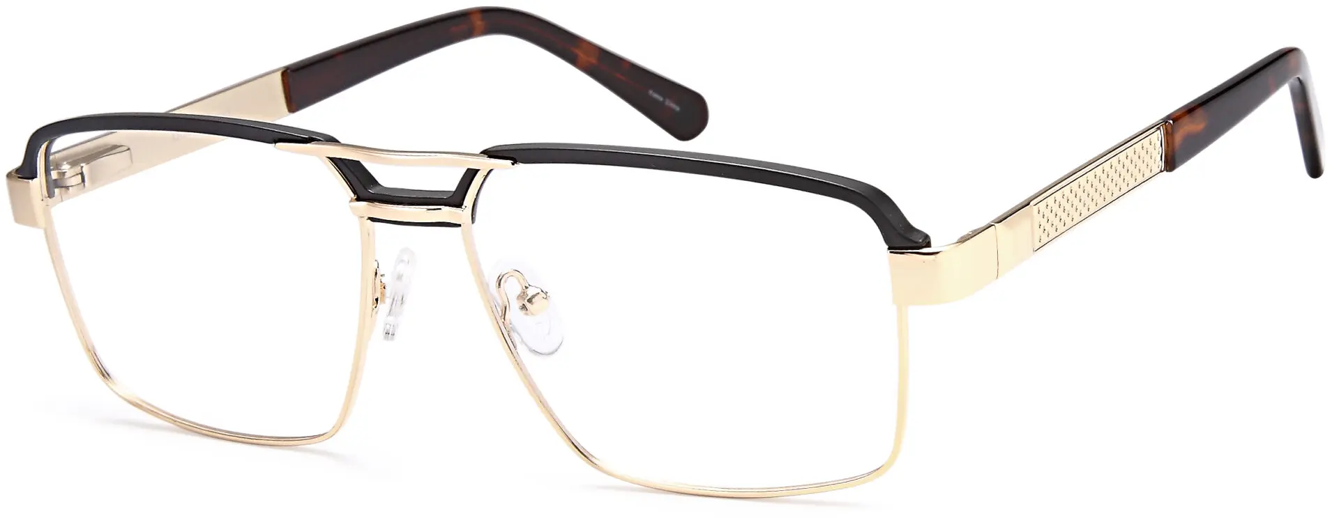 Stylish rectangular eyeglasses with black and gold frames.
