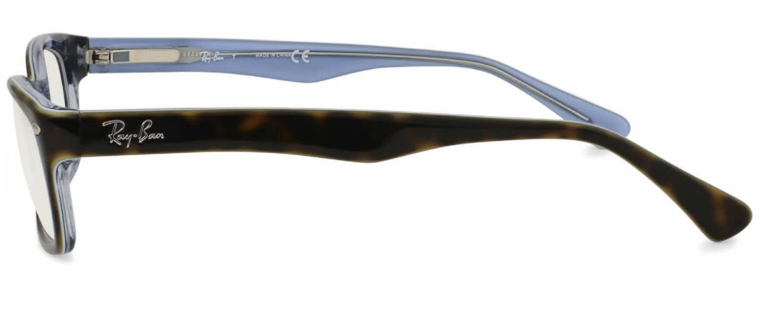 Close-up of two eyeglass temple arms with different colors and textures.