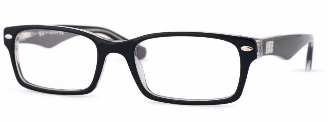 Close-up of black rectangular eyeglass frame on white background.