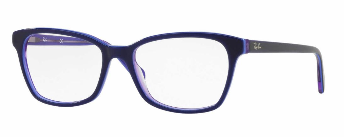 Close-up of a stylish blue eyeglass frame.