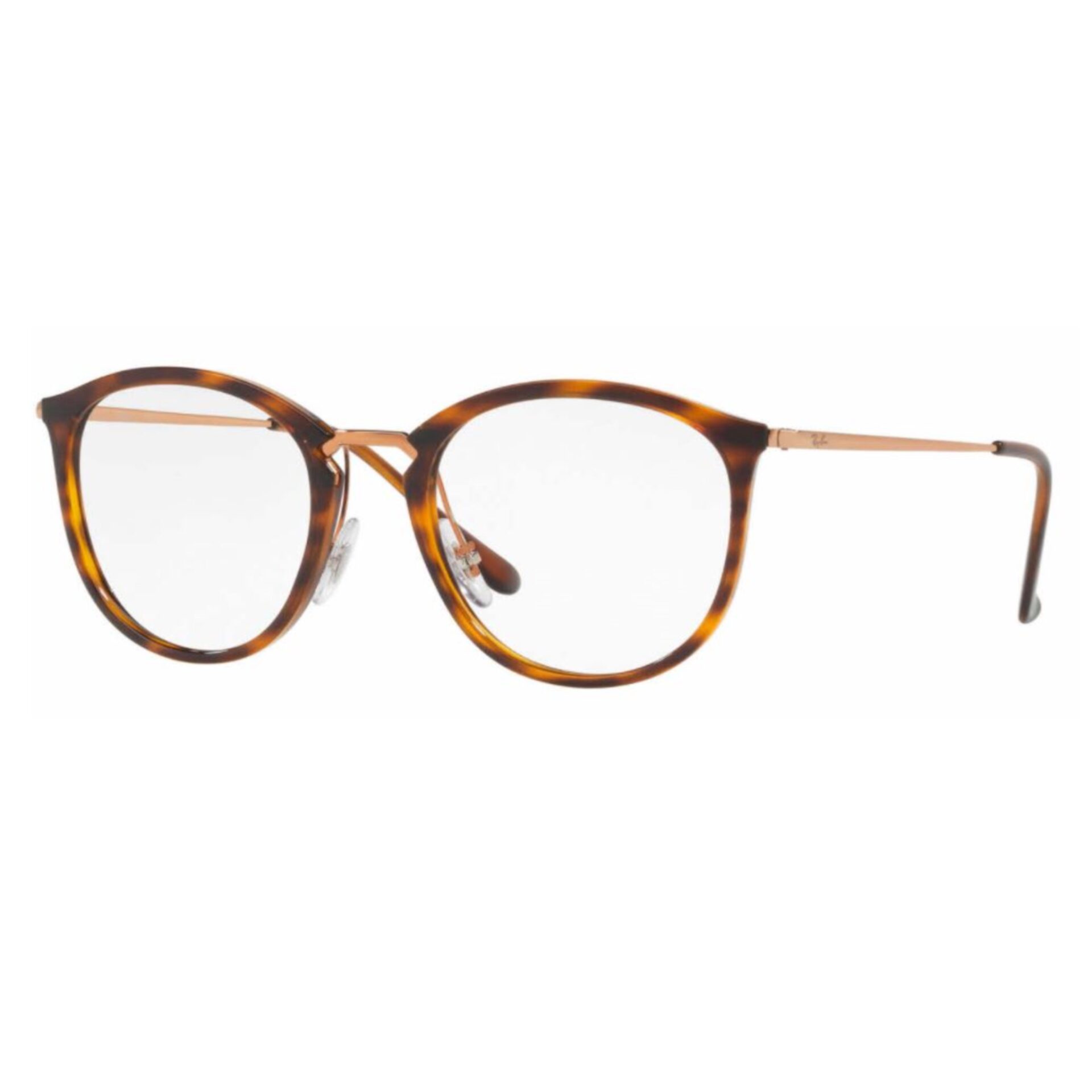 Tortoiseshell round eyeglasses with thin temples.