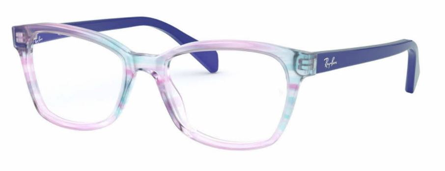 Transparent eyeglasses with purple and blue accents.