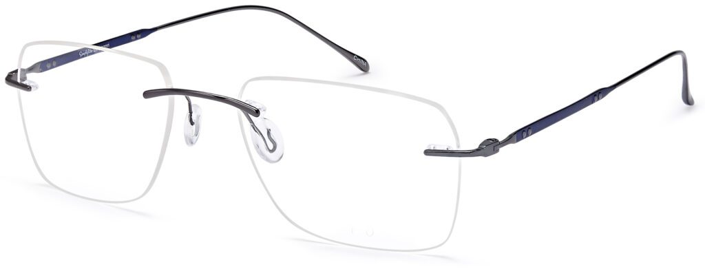 Sleek rimless eyeglasses with thin black temples and nose pads.