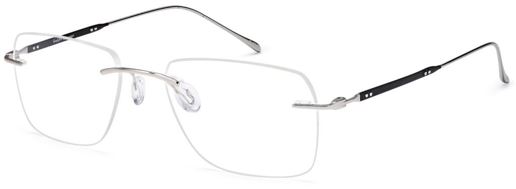 Minimalistic rimless eyeglasses with thin silver temples and nose pads.