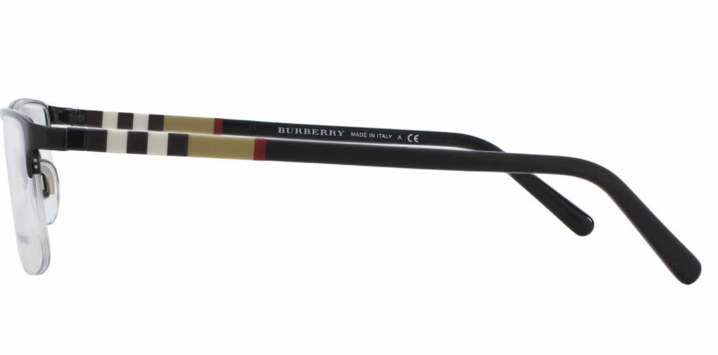 Close-up of a Burberry eyeglasses arm with signature check pattern.