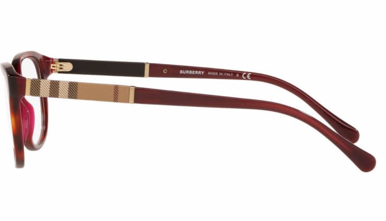 side view of a pair of burgundy Burberry glasses