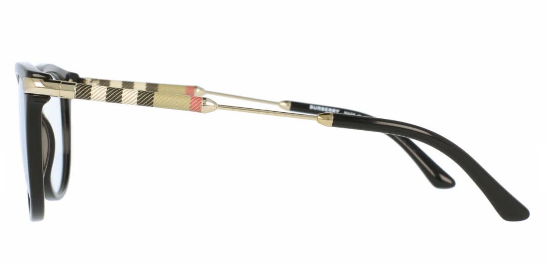 side view of a pair of black Burberry glasses