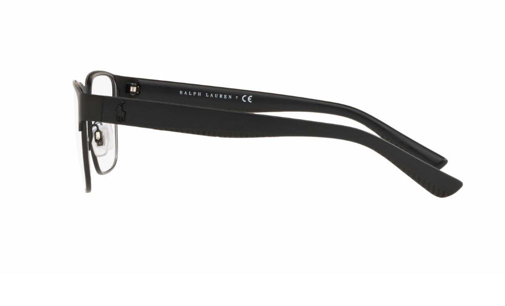 Black-frame eyeglasses with rectangular lenses and subtle branding on the temple.