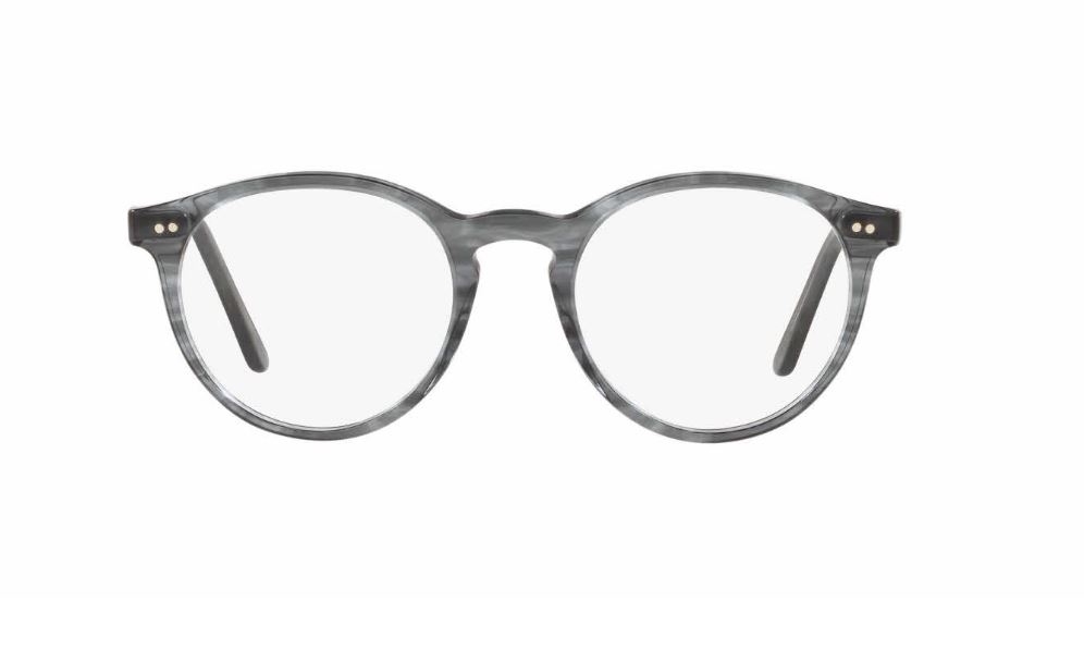 Transparent gray eyeglasses with round lenses and a keyhole bridge.