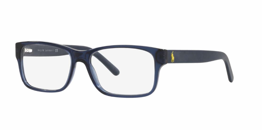 Stylish navy blue rectangular eyeglasses with a subtle yellow accent on the temple.