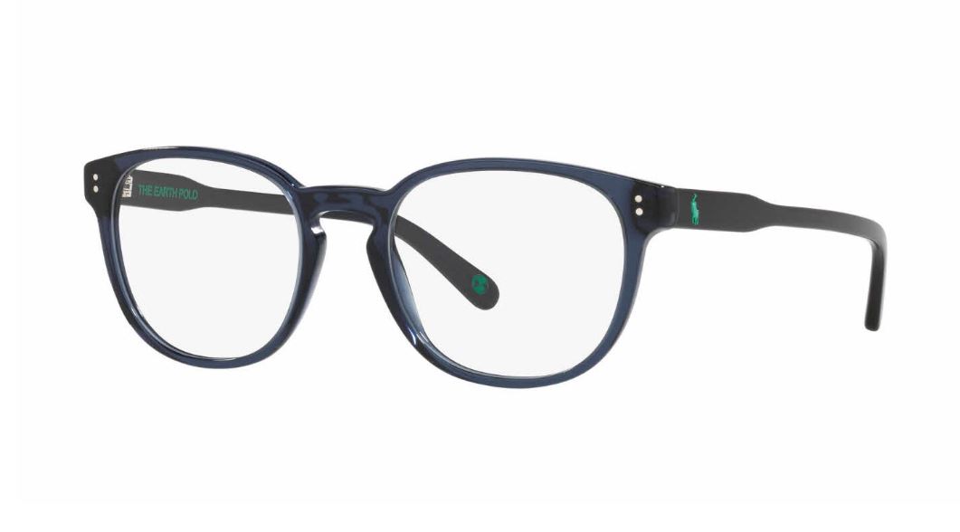 Blue-rimmed eyeglasses with a classic round shape and black temples.