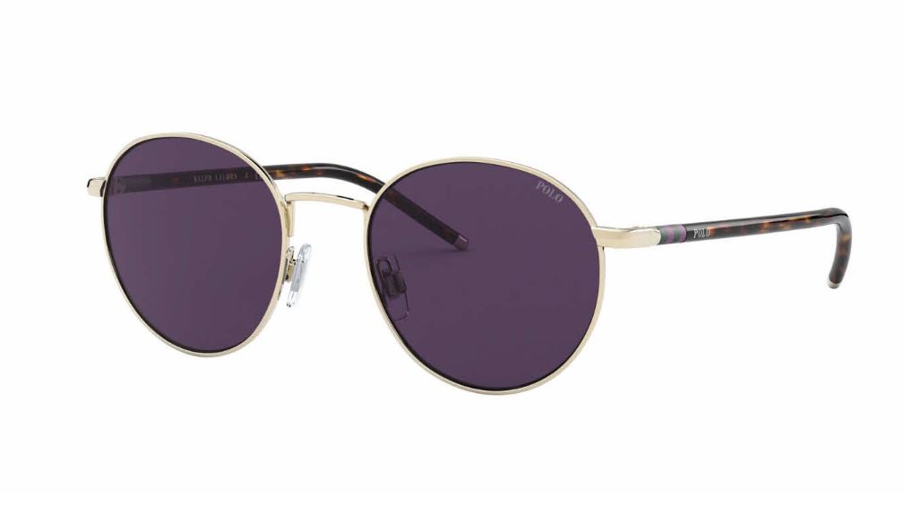 POLO PH3133 PALE GOLD $179 Round purple-tinted sunglasses with thin metal frame.