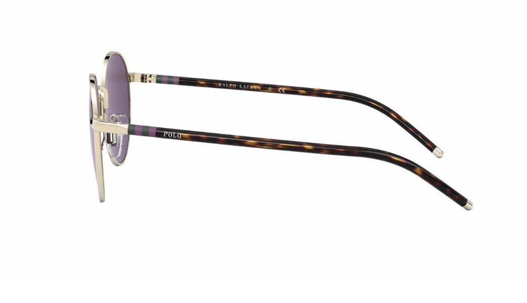 POLO PH3133 PALE GOLD SIDE Side view of eyeglasses with thin, tortoiseshell-patterned arms.