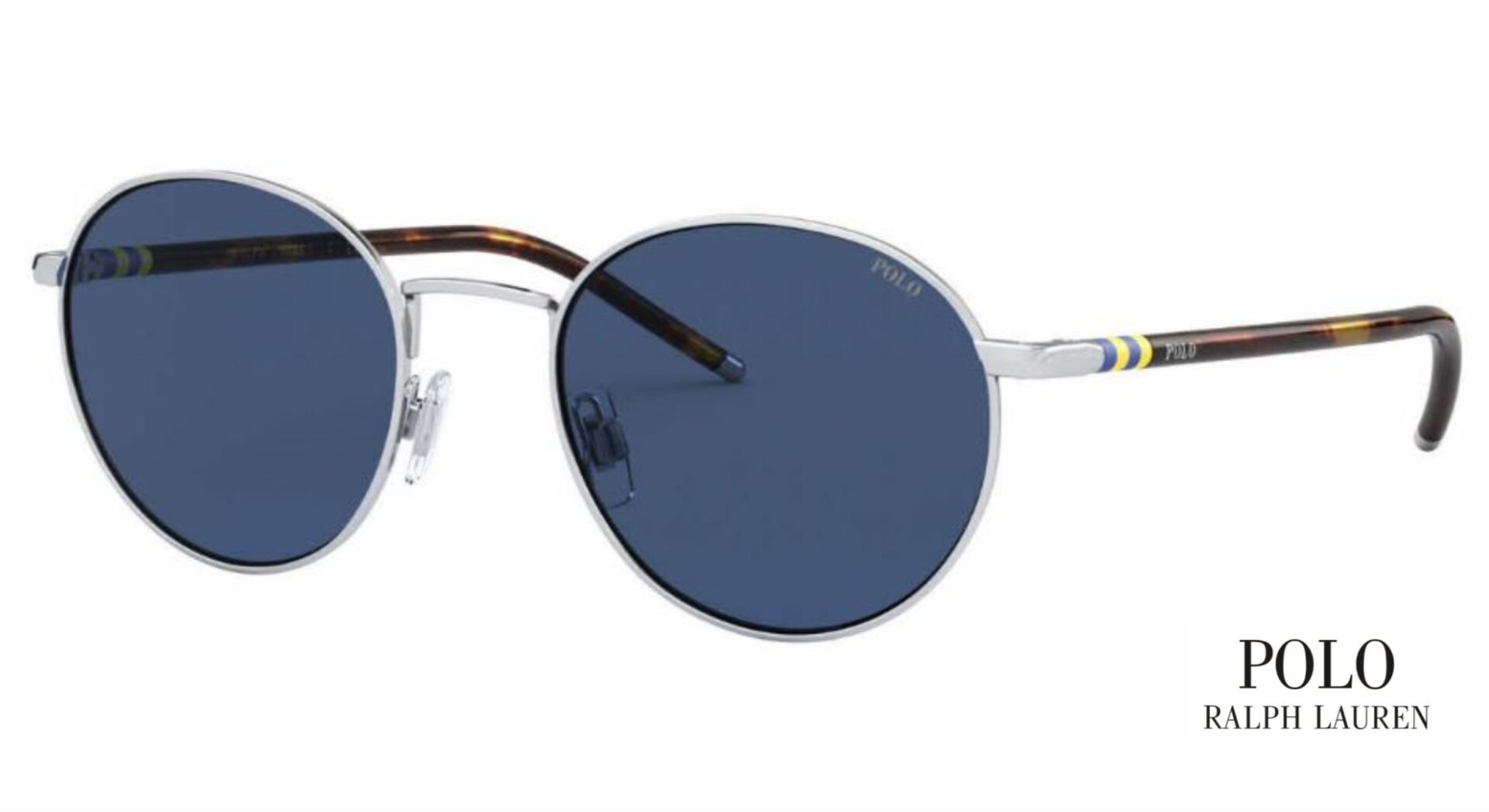 POLO PH3133 SILVER DARK BLUE MED.51-21 $185 Round sunglasses with dark blue lenses and thin metal frames.