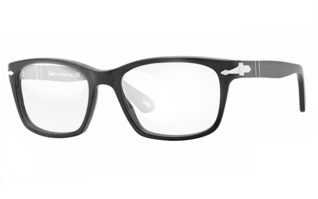 a pair of gloss black Persol glasses